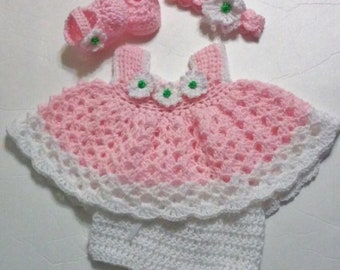 Crochet Pink Newborn Dress Set Baby Dress With Matching Headband, Panties and Mary Jane Booties Newborn Girls