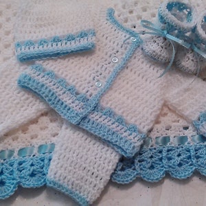 Crochet Baby Layette and Blanket Set, Baby Beanie Hat, White and Blue, Baby Boys