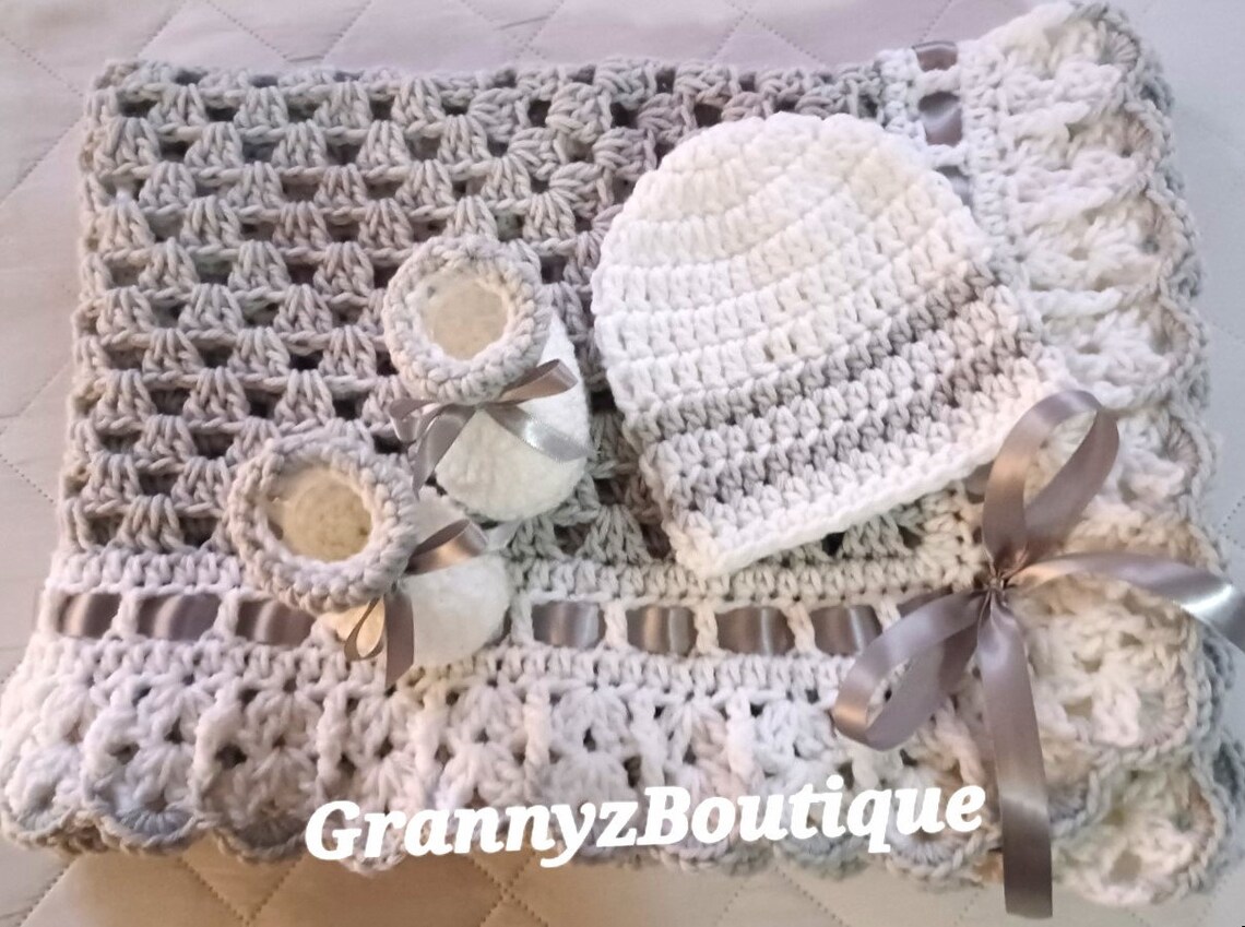 Crochet Gray and White Baby Blanket Set With Matching Booties Etsy