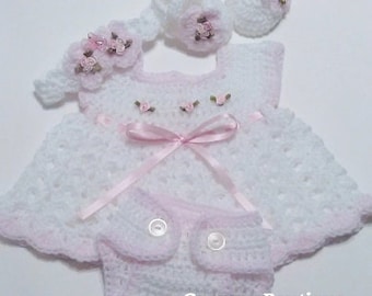 Crochet White and Pink Newborn Dress Set Baby Dress, Headband, Mary Jane Booties,Diaper Cover,Photo Prop