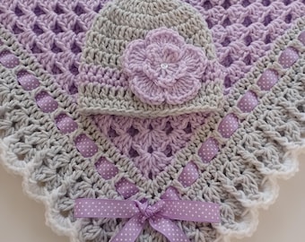 Crochet Baby Blanket Set, Baby Beanie Hat, Baby Booties in Light Purple, White and Gray, Baby Girls, Baby Shower Gift