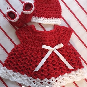 Crochet Red White Dress Set Baby Dress Santa Hat Booties Diaper Cover Infant Outfit Crochet Newborn Outfit Photo Prop Outfit Christmas Dress