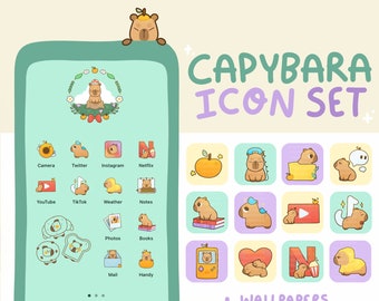 Capybara Icon Set for iOS Android Desktop / 104 icons, 26 designs / Wallpapers / Widgets / Cute animal icons