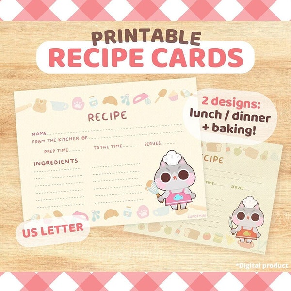 Printable Recipe Cards US Letter for lunch, dinner or baking | With fun design for kids | Digital Product