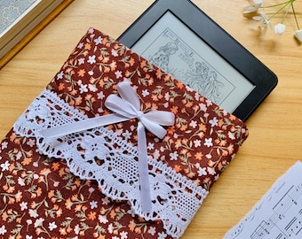 Padded Kindle Sleeve Cover for Paperwhite, Bookish Gifts Brown with flowers, Coquette Kindle Pouch, E-reader handmade case