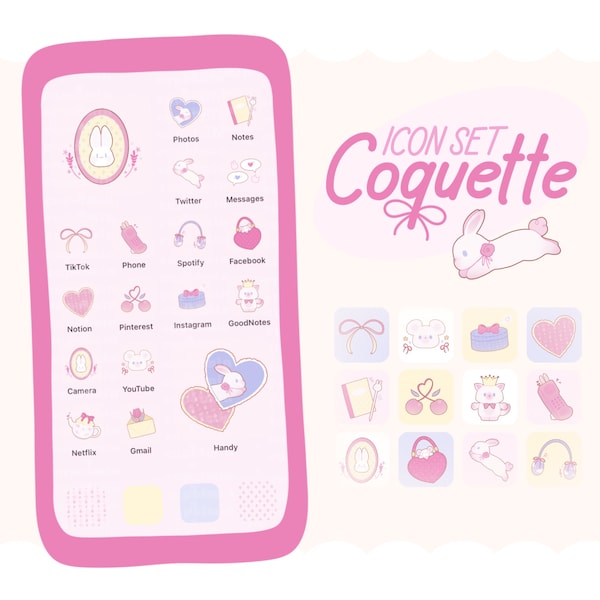 Coquette Icon Set for iOS and Android with wallpapers and widgets | Easy to install