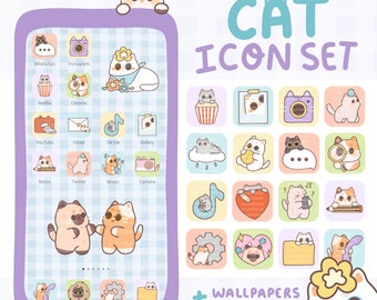 Cat Phone Theme with Icon Set for iOS and Android / 24 icons / Wallpapers / Widgets / Cute cats icons for phone