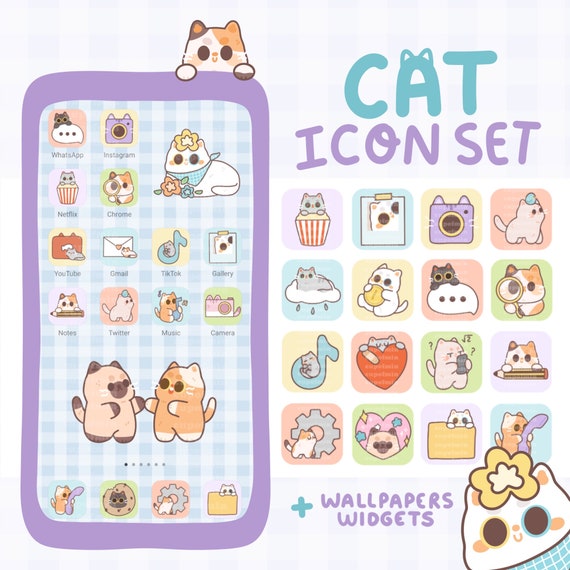 Cat Icon Set for Ios and Android / 24 Icons / Wallpapers / 