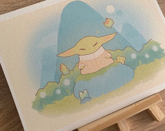 Baby Yoda Illustration | Peaceful Frog Scene A5 Print with Watercolor Paper Texture