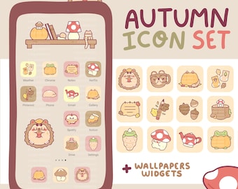 Fall Icon Set for iOS Android Desktop / 68 icons, 17 designs / Wallpapers / Widgets / Cozy autumn icons