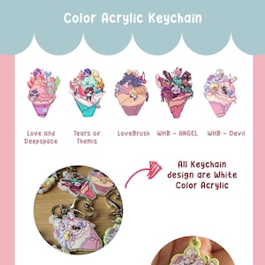 May include: A set of colorful acrylic keychains featuring different anime characters. The keychains are shaped like ice cream cones and have a white background with colorful details. The text "All Keychain design are White Color Acrylic" is written on the image. The text "Only the WHB-ANGEL HAS A COUPLE OF Green Acrylic" is also written on the image.