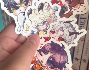 May include: A set of six colorful cartoon character stickers featuring various characters with different hair colors and styles. The stickers are on a white background.