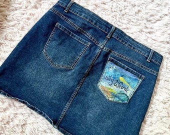 Stay Weird Upcycled Painted Eclectic Galaxy Space Classic Denim Skirt Womens L