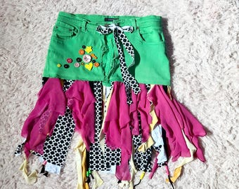 Whimsical Fairy Core Upcycled Rave Quirky Denim Wrap Skirt One Size Ruffle Playful Kidcore Handmade Festival