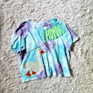 May include: Tie-dye t-shirt in shades of blue and purple, featuring a white goose applique with orange feet and beak. The word "HONK" is stitched in green across the top. The shirt has short sleeves and a relaxed fit.