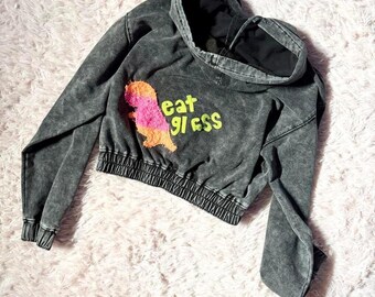 Upcycled Rude Sassy Dinosaur Weird Quirky Handmade Cropped Hoodie Womens M