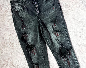 Upcycled Distressed Painted Blood Drip Murder Emo Skinny Jeans Womens 11 Edgy Alternative