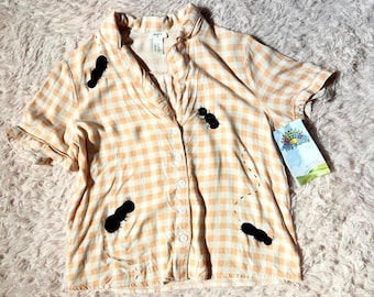 Upcycled Picnic Ants Gingham Art to Wear Handmade Top Womens XS Whimsical Twee