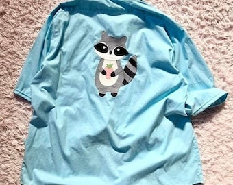 Upcycled Racoon Strawberry Dress Shirt Button Down Weird Core Goblin Maximalist Kidcore Fruity
