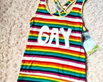 Rainbow Striped Pride Ally Upcycled Appliqué Handmade Tank Top Womens M Festival