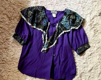 Vintage 80s Ruffle Top: Cottage Core Puff Sleeve Blouse (Size L)