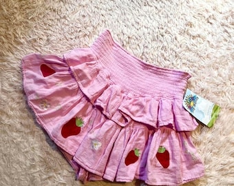 Whimsical Upcycled Picnic Ruffle Coquette Twee Skort Womens L Strawberry Lolita