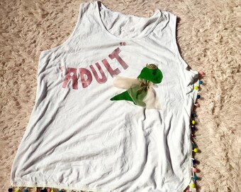 Princess “Adult” Dino Appliqué Upcycled Pom Pom Quirky Kidcore Eccentric Dopamine Tunic Womens Size Large