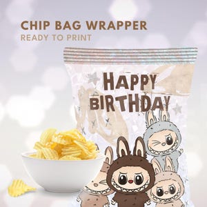 May include: A white bowl of ruffled potato chips sits next to a chip bag wrapper. The wrapper features the text "HAPPY BIRTHDAY" and cartoon characters in bunny costumes. The words "CHIP BAG WRAPPER" and "READY TO PRINT" are also visible.