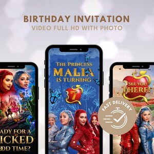 Pode incluir: Três smartphones exibindo gráficos de convite de aniversário digital com personagens em trajes azuis e vermelhos, um ícone de maçã vermelha com o número sete, borboletas azuis e texto incluindo THE PRINCESS MALIA IS TURNING e SEE YOU THERE.