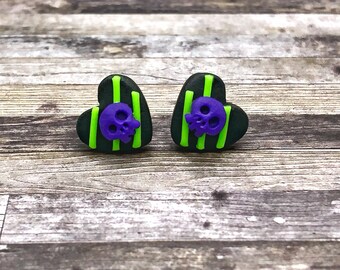 Skull Candy Heart Earrings (Purple & Green on Black)