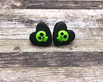 Skull Candy Heart Earrings (Ghostly Green on Black)