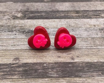 Skull Candy Heart Earrings (Pink on Red)