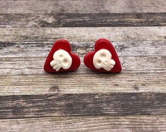 Skull Candy Heart Earrings (White on Red)