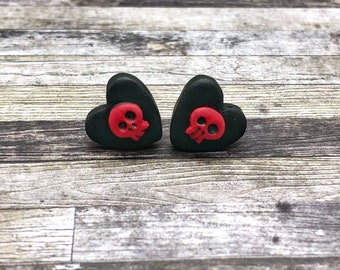 Skull Candy Heart Earrings (Red on Black)