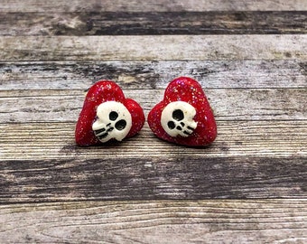 Sparkling Skull Candy Heart Earrings (Black & White on Red)