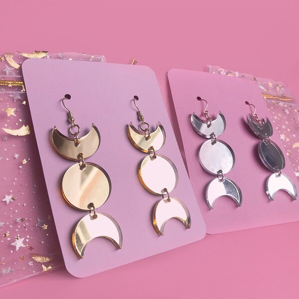Triple Goddess Earrings Gold or Silver Mirror Acrylic