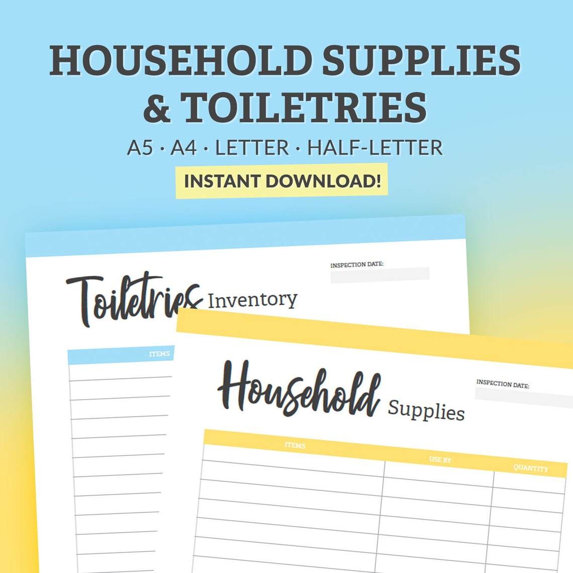 Household Supplies & Toiletries PDF, Printable List, Inventory List