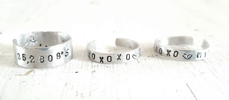 initial ring Name ring 10 year anniversary gift,thumb rings,Custom coordinates Personalized ring Tin anniversary gift couple ring
