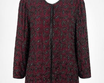 Silhouettes Beaded Silk Jacket Women 16W Maroon Vintage NWT