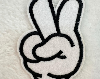 Peace Sign Hand Patch  White Black Embroidered Mickey Style Cartoon