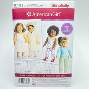 May include: Simplicity sewing pattern 8281 for American Girl dolls featuring four outfits. The package displays four dolls wearing a white patterned dress, a cream hooded robe, a floral top with matching pants, and a blue top with green pants.