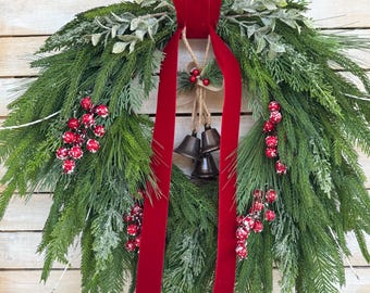 Christmas wreath for front door, real touch cedar wreath, winter wreath, rustic Christmas wreath, real touch Norfolk pine wreath