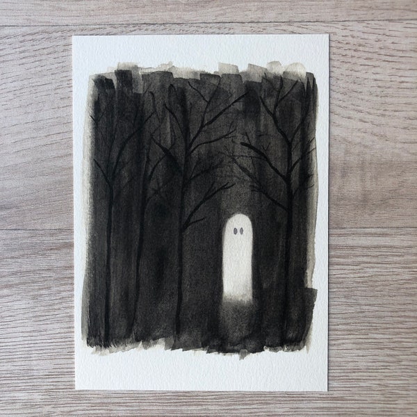 Ghost in the forest, watercolor Halloween spooky giclee art print | gothic home decor