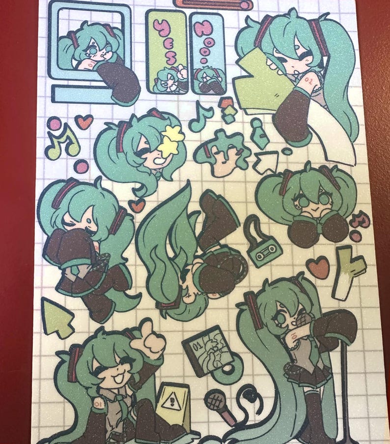 May include: A sheet of stickers featuring various illustrations of a teal-haired anime character. The stickers include images of the character in different poses, with musical notes, hearts, and other decorative elements. The stickers are on a grid-lined background.