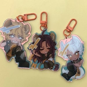Puede incluir: Tres llaveros de personajes de estilo anime con cierres naranjas. Los personajes tienen rasgos de animales y est&aacute;n en varias poses. Los llaveros tienen un efecto hologr&aacute;fico y est&aacute;n sobre un fondo amarillo claro.