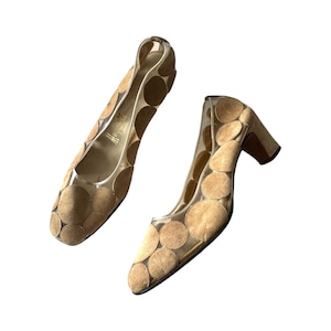 Vintage 60s Herbert Levine Mod Vinyl, Suede Pumps, Size 7B.Beige