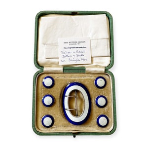 Vintage English Antique sterling silver/ enamel belt buckle and 6 buttons in their original case, circa 1910