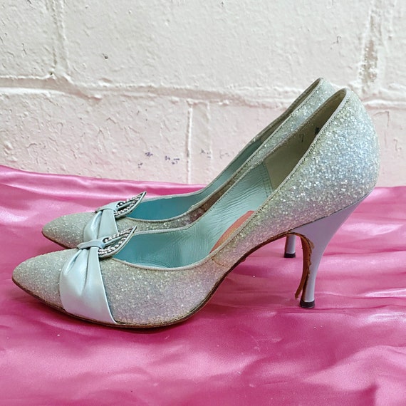 Vintage Elsa Schiaparelli pale blue glitter heel,… - image 2