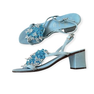 Vintage 60s Amalfi by Rangoni Beaded Mod Heel Sandals 5.5M – Blue, Made in Italy