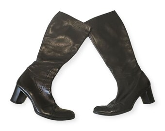 Vintage Y2K, Costume National Black Knee high leather boots, Block heel, Size 385 EU,